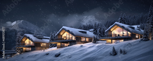 Alpine huts or cottages in winter land. Panoramatic view on chalets covered with snow in evening time. photo