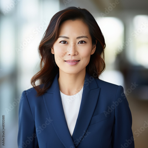 mujer ejecutiva asiática vistiendo traje azul,  con pose profesional sobre fondo desenfocado de oficina photo