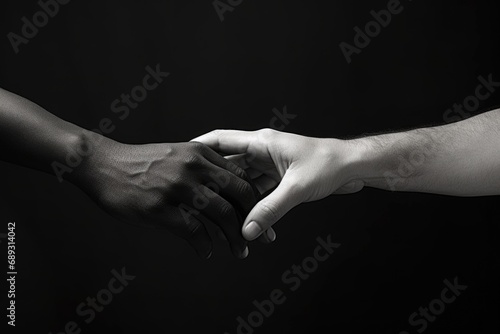 Two hands clasped together in a black and white photo. Can be used to represent unity, support, or friendship.