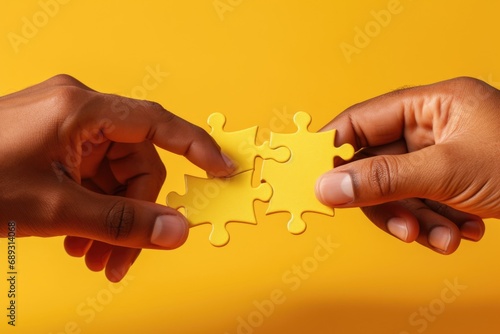 Two hands holding a single yellow puzzle piece. This image can be used to represent teamwork, problem-solving, collaboration, or completing a larger picture photo