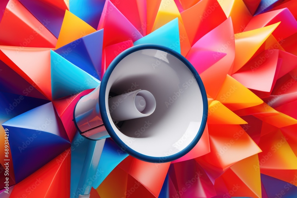 Colorful paper pieces are arranged around a megaphone. This image can be used for advertising, announcements, or promotional purposes Colorful paper pieces are arranged around a megaphone. This image can be used for advertising, announcements, or promotional purposes