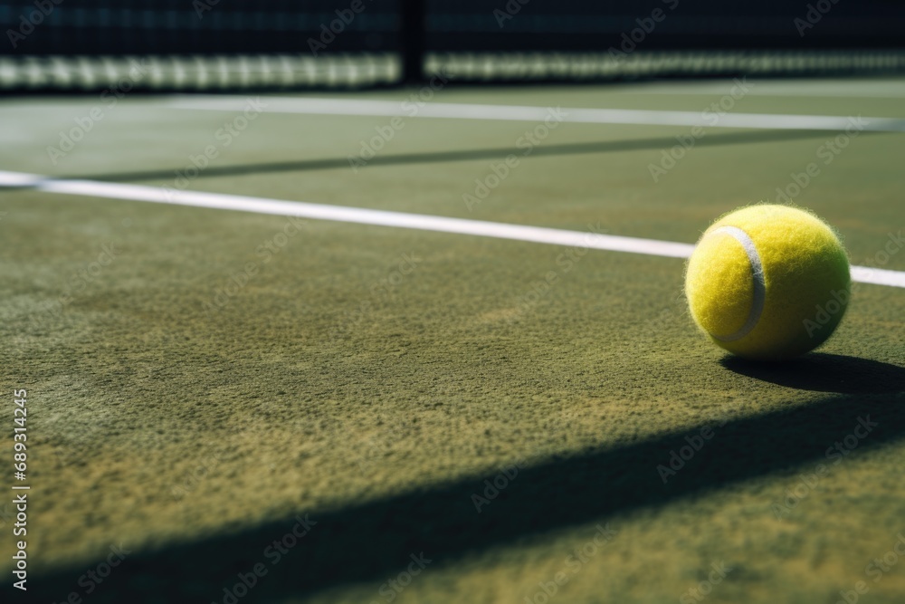 A tennis ball sitting on a tennis court. Suitable for sports and recreation themes