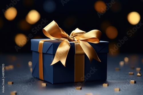 A blue gift box with a gold bow. Perfect for birthdays, holidays, and special occasions.