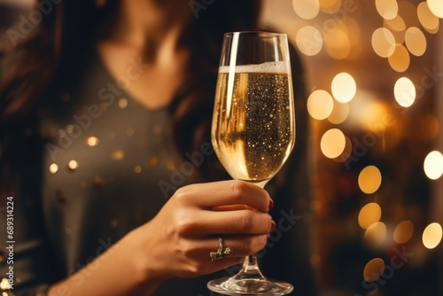 A woman holding a glass of wine in front of a Christmas tree. Perfect for holiday celebrations and festive gatherings