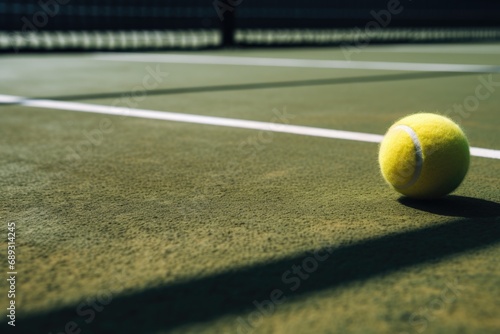 A tennis ball sitting on a tennis court. Suitable for sports and recreation themes © Fotograf