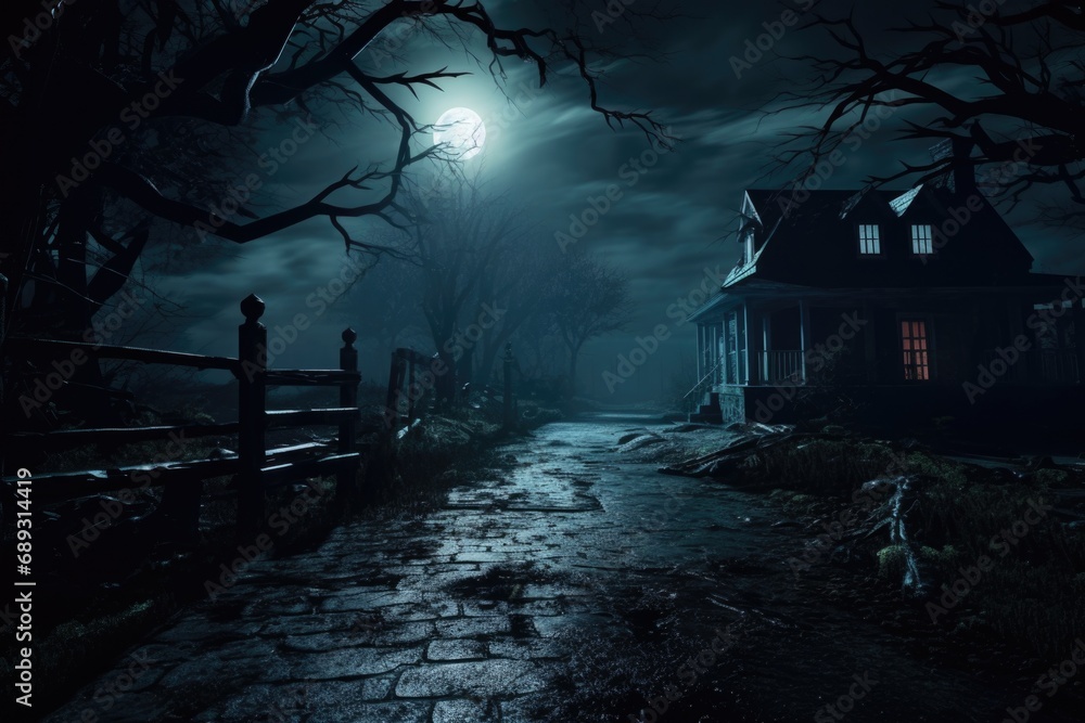A house illuminated by the eerie light of a full moon. Perfect for spooky or Halloween-themed projects