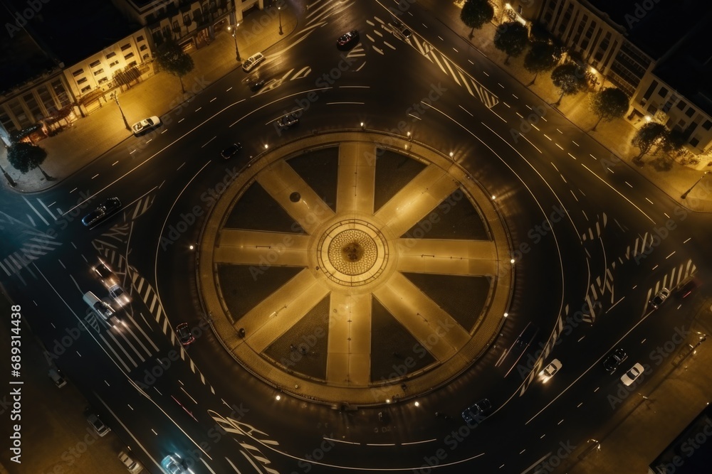 Aerial view of a city intersection at night. Perfect for urban landscape and cityscape designs