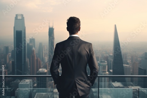 A professional man in a suit standing and gazing at the cityscape. Suitable for business, success, and urban themes photo