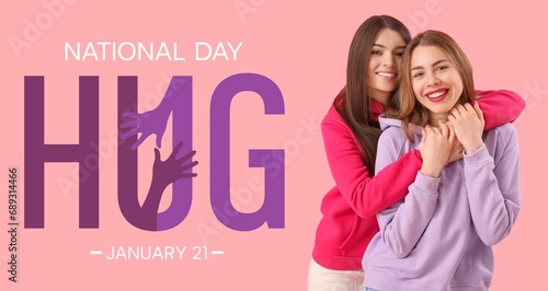 Banner for National Hugging Day with happy female friends photo