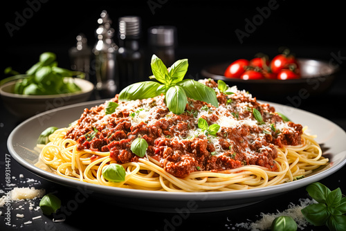 Italian classic, Spaghetti Bolognese on a wooden table a delectable stock photo capturing the rich flavors and inviting presentation of a timeless dish.