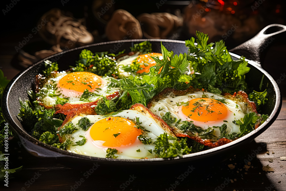 Culinary elegance, Fried eggs with herbs on a dark background a tasteful stock photo capturing the artistry of a savory and flavorful breakfast. Culinary elegance, Fried eggs with herbs on a dark background a tasteful stock photo capturing the artistry of a savory and flavorful breakfast.