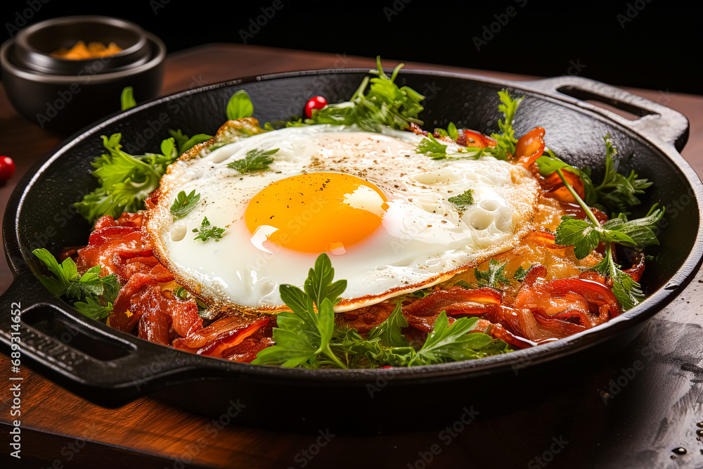 Culinary elegance, Fried eggs with herbs on a dark background a tasteful stock photo capturing the artistry of a savory and flavorful breakfast.