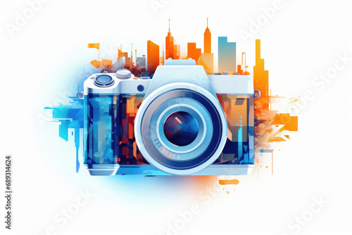 A digital camera capturing a stunning cityscape in the background. Perfect for showcasing urban photography or highlighting the beauty of city life
