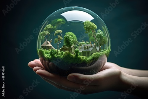 A person holding a glass ball with a miniature garden inside. Perfect for home decor or as a unique gift idea