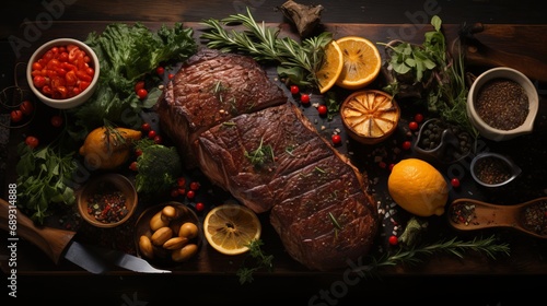 A large piece of pork roasted in the oven, a festive serving of food, sliced ​​steak. Protein-rich food, traditionally a festive dish for a feast	 photo