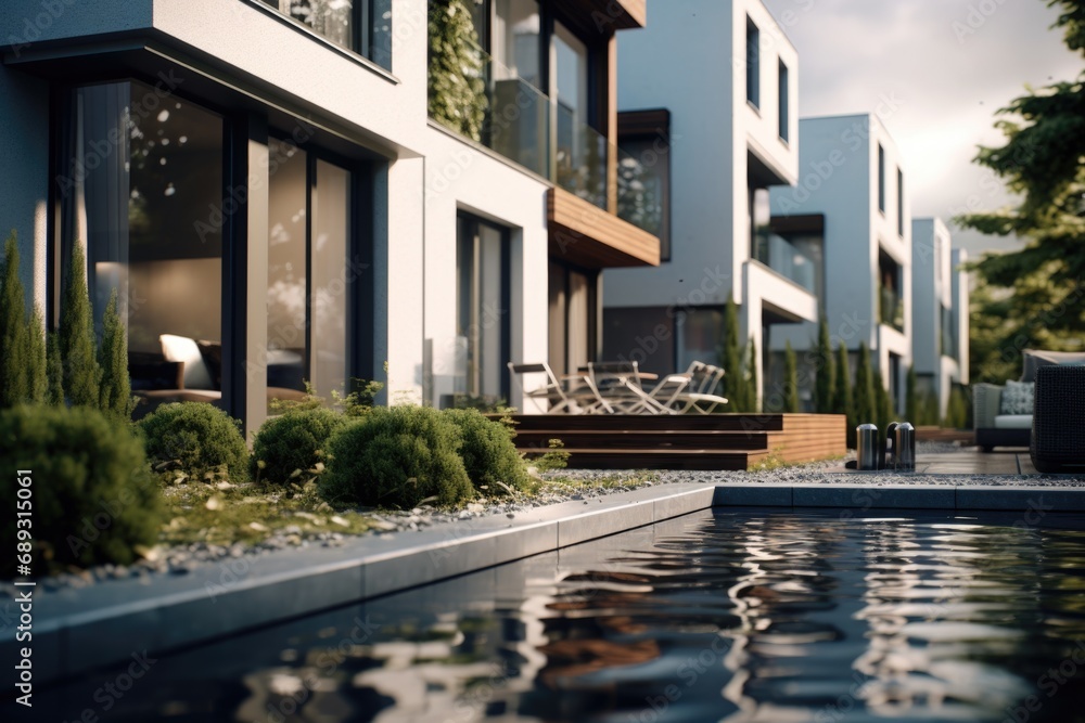 A building with a pool in front of it. Perfect for real estate and architecture themes