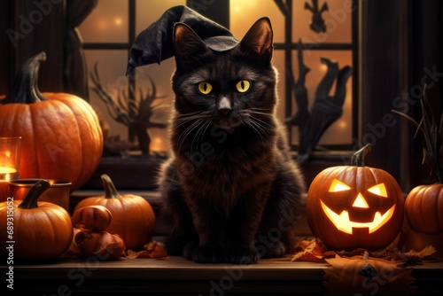 A black cat sitting on top of a table next to pumpkins. Perfect for Halloween-themed designs and decorations