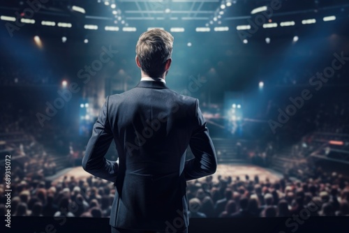 A professional man in a suit stands confidently in front of a large crowd. This image can be used to represent leadership, public speaking, or presenting to an audience