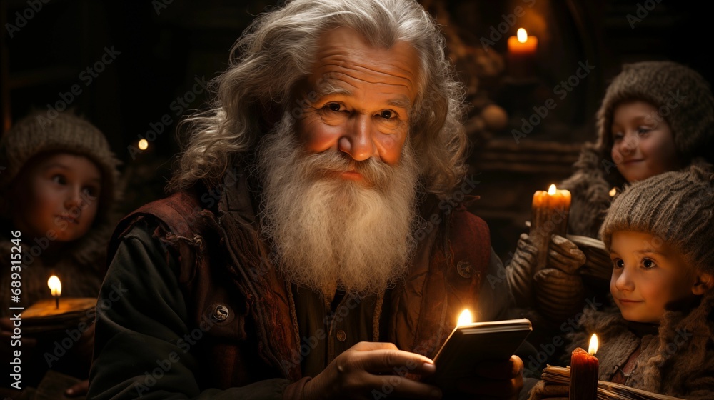 a close up of an old man lighting candles and talking on a phone