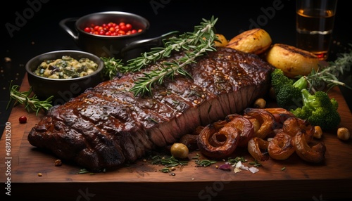 A large piece of pork roasted in the oven, a festive serving of food, sliced ​​steak. Protein-rich food, traditionally a festive dish for a feast 