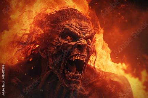 A close-up view of a person with a fire in the background. This image can be used to depict warmth, intensity, or passion.