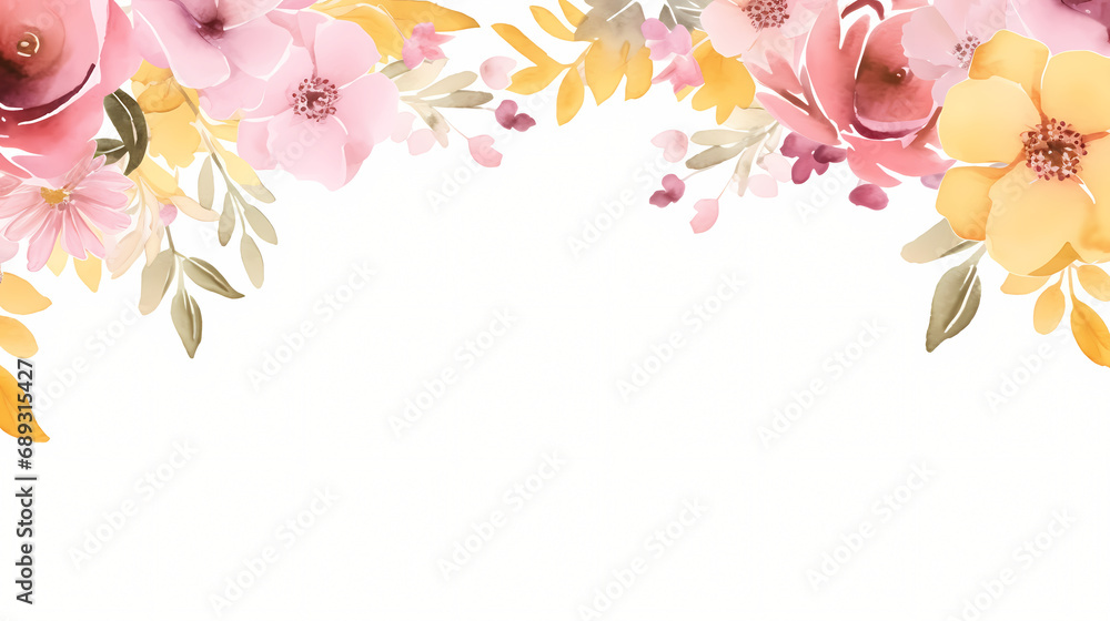 Pink yellow floral watercolor frame, decorative flower background pattern, PPT background - obrazy, fototapety, plakaty 