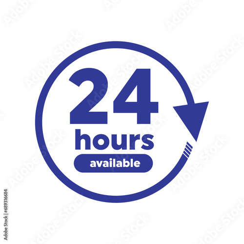 Twenty four hour with arrow loop icon, 24 hours cyclic sign, Opened order execution or delivery, All day business and service, Vector design illustration