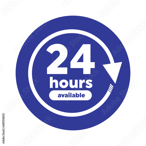 Twenty four hour with arrow loop icon, 24 hours cyclic sign, Opened order execution or delivery, All day business and service, Vector design illustration