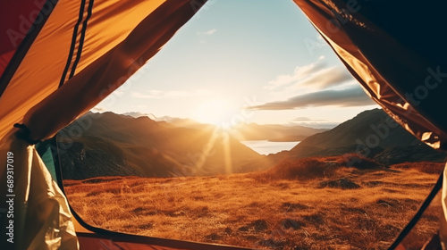 A first-person view from a tourist tent.A view of the beautiful landscape opens up