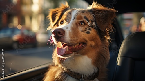 dog in a car sits on the window seat, waiting for its owner. Moving animals in a car, caring for and traveling with a puppy in transport © PRO Neuro architect