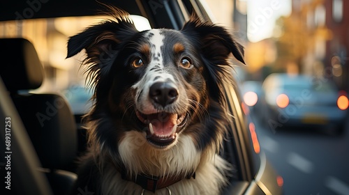 dog in a car sits on the window seat, waiting for its owner. Moving animals in a car, caring for and traveling with a puppy in transport © Marynkka_muis