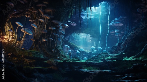 Underground cave with bioluminescent fungi casting an otherworldly glow © Image Studio
