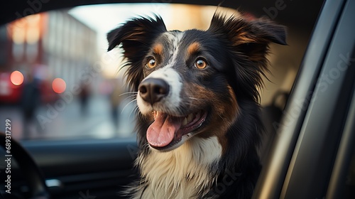 Portrait of a dog sitting in a car by the window, an animal in personal transport, moving around the city with a puppy. © Marynkka_muis