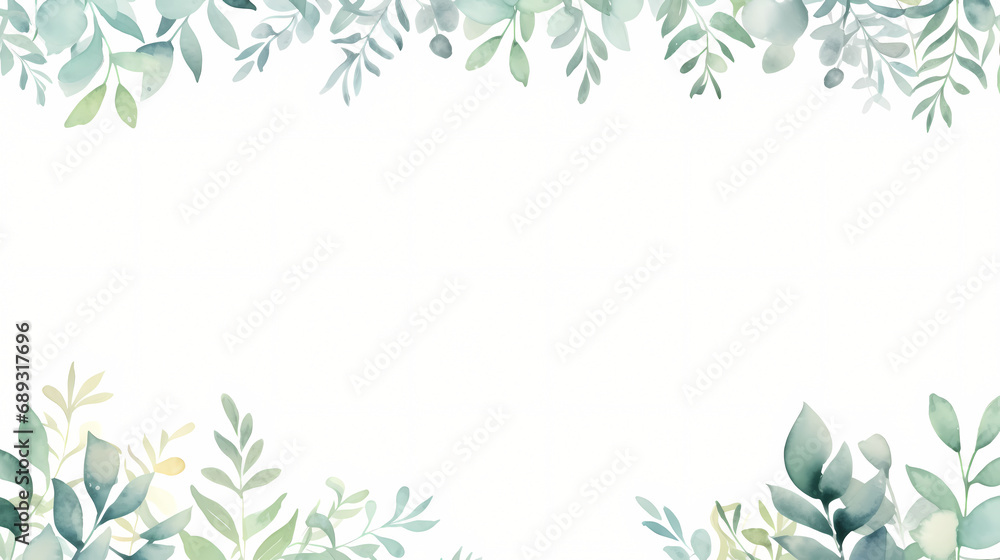Thank you card with watercolor green leaves border, decorative flower background pattern, PPT background