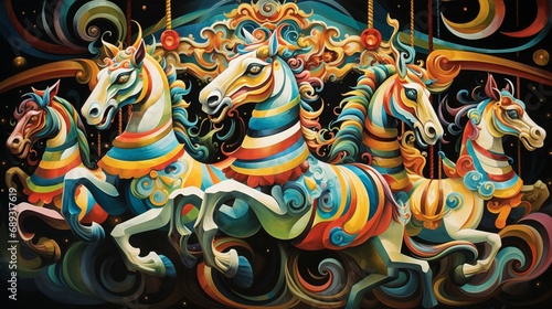 Vibrant carousel horses in a fantastical, animated carnival illustration