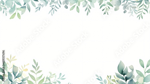 Fototapeta Naklejka Na Ścianę i Meble -  Thank you card with watercolor green leaves border, decorative flower background pattern, PPT background
