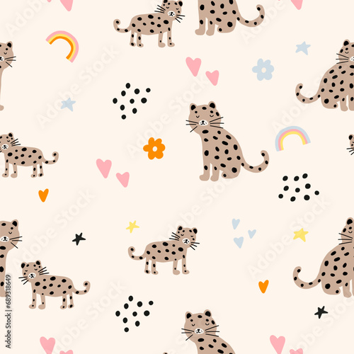 Animals Parent with Baby. Leopard animal. Brightly colored childish print. Cute animals for Mother's Day. Colorful kids seamless pattern