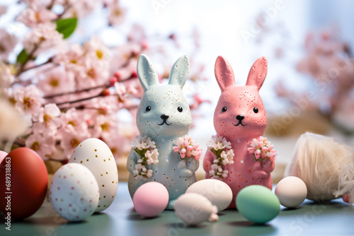 Easter bunny and easter eggs on rustic background with flowers © mila103