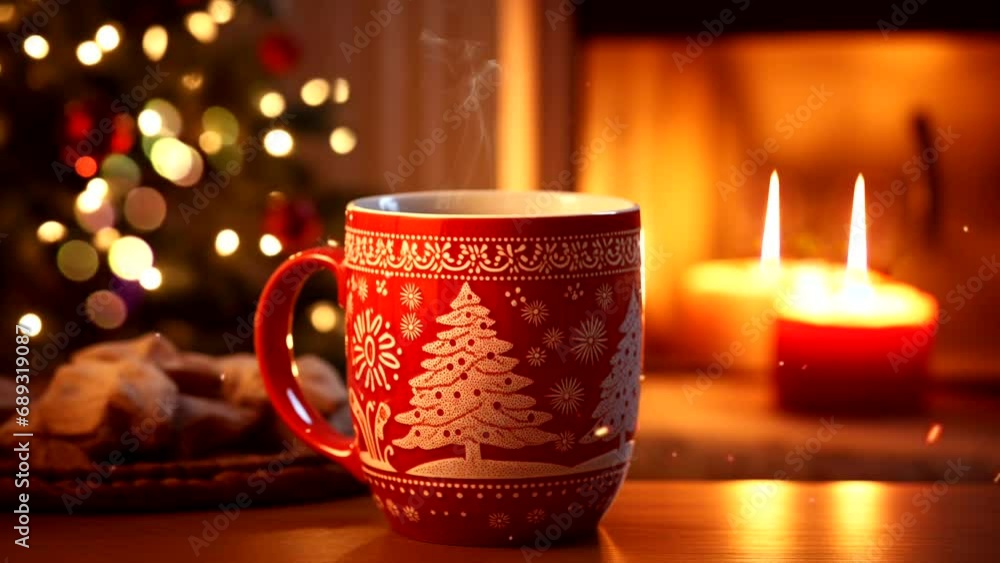 A cup of hot tea or chocolate on Christmas scenery. Animoation fire and steam. One minute loop animation. 2k A cup of hot tea or chocolate on Christmas scenery. Animoation fire and steam. One minute loop animation. 2k