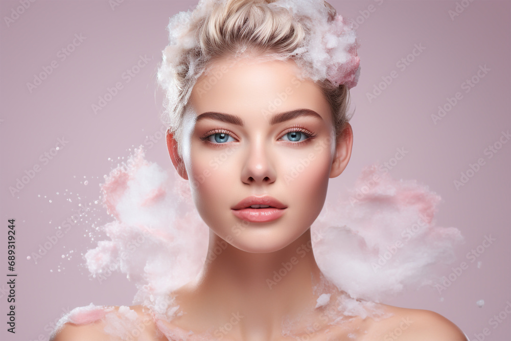 Elegante Kosmetikpräsentation - Ein ansprechendes Bild eines Kosmetikmodels vor einem femininen Hintergrund mit viel Platz für weitere kreative Gestaltungsmöglichkeiten Elegante Kosmetikpräsentation - Ein ansprechendes Bild eines Kosmetikmodels vor einem femininen Hintergrund mit viel Platz für weitere kreative Gestaltungsmöglichkeiten