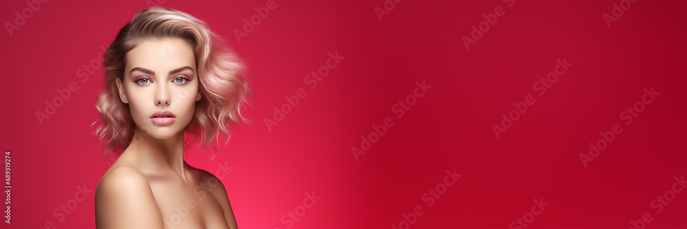 Elegante Kosmetikpräsentation - Ein ansprechendes Bild eines Kosmetikmodels vor einem femininen Hintergrund mit viel Platz für weitere kreative Gestaltungsmöglichkeiten Elegante Kosmetikpräsentation - Ein ansprechendes Bild eines Kosmetikmodels vor einem femininen Hintergrund mit viel Platz für weitere kreative Gestaltungsmöglichkeiten