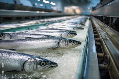 Fish at processing factory. Food industry. Generative Ai