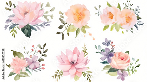 Watercolor flower bouquet collection, decorative flower background pattern, PPT background © feeng