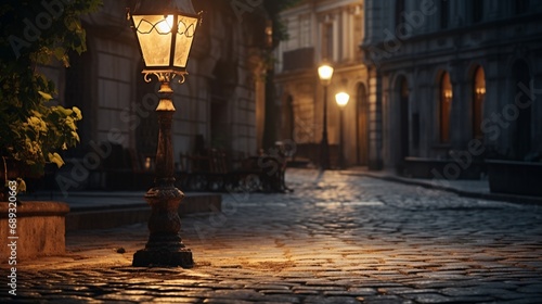 An old-fashioned, ornate street lamp standing alone on a cobblestone path. Its soft light s the surrounding vintage architecture. photo