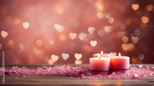 copy space, stockphoto, beautiful valentine background with some candles and romatic colors. Romantic background or wallpaper for valentine’s day. Beautiful design for card, greeting card. Valentine m