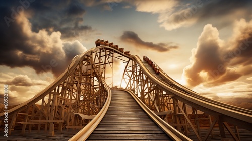 An old-fashioned, wooden roller coaster captured in motion against a dramatic sky, its tracks weaving through a nostalgic fairground. photo