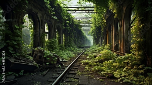 An old, abandoned train station platform, overgrown with wild ivy. The rusted tracks disappear into the distance under a sky tinged with nostalgia. photo