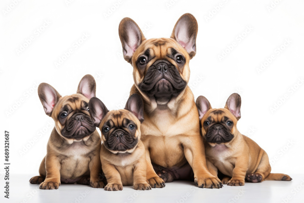 Portrait of French Bulldogs family. Dogs sitting on floor and looking at camera, front view