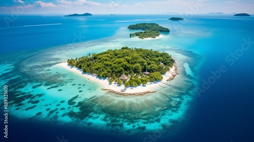 A bird's-eye view of a serene, untouched island surrounded by crystal-clear waters.