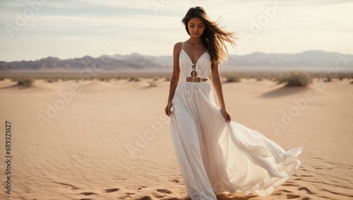 Beautiful girl in a white dress in the desert photo